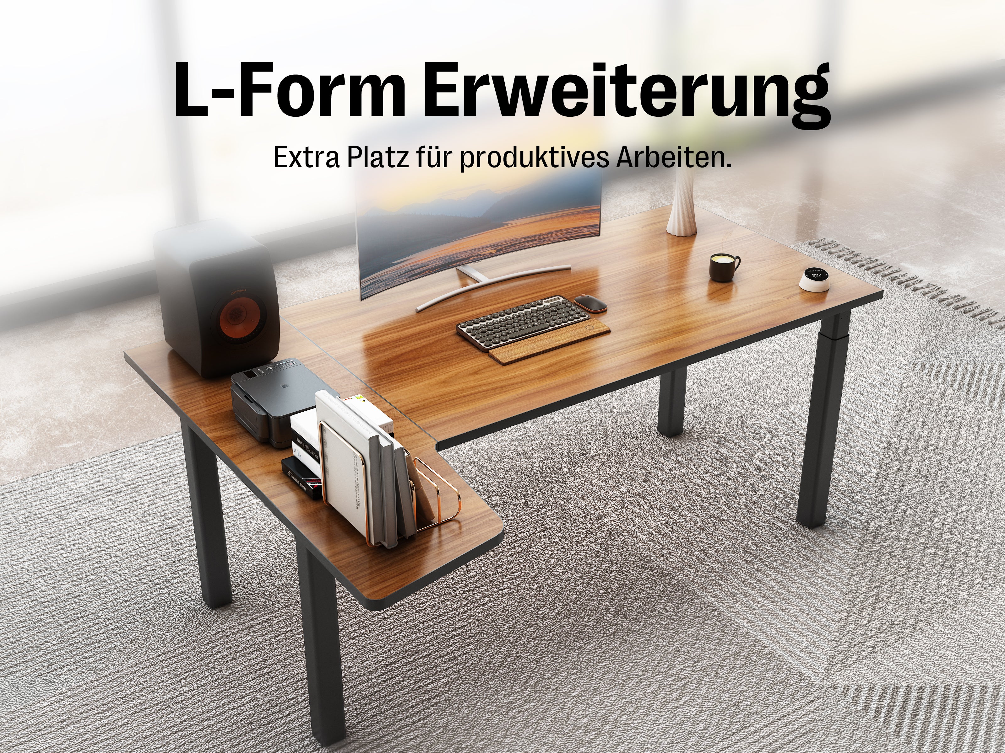 Maidesite Space – Höhenverstellbarer Schreibtisch mit 4 Beinen und L-Erweiterung