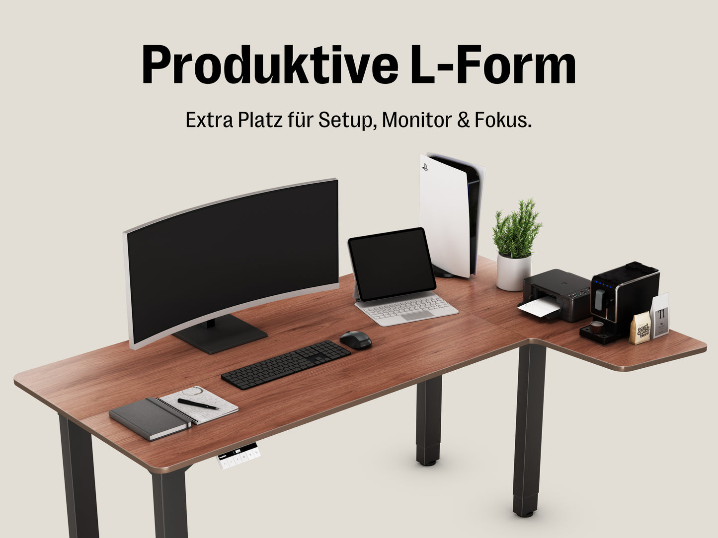 Maidesite Canvas – L-shaped height-adjustable desk with 4 legs