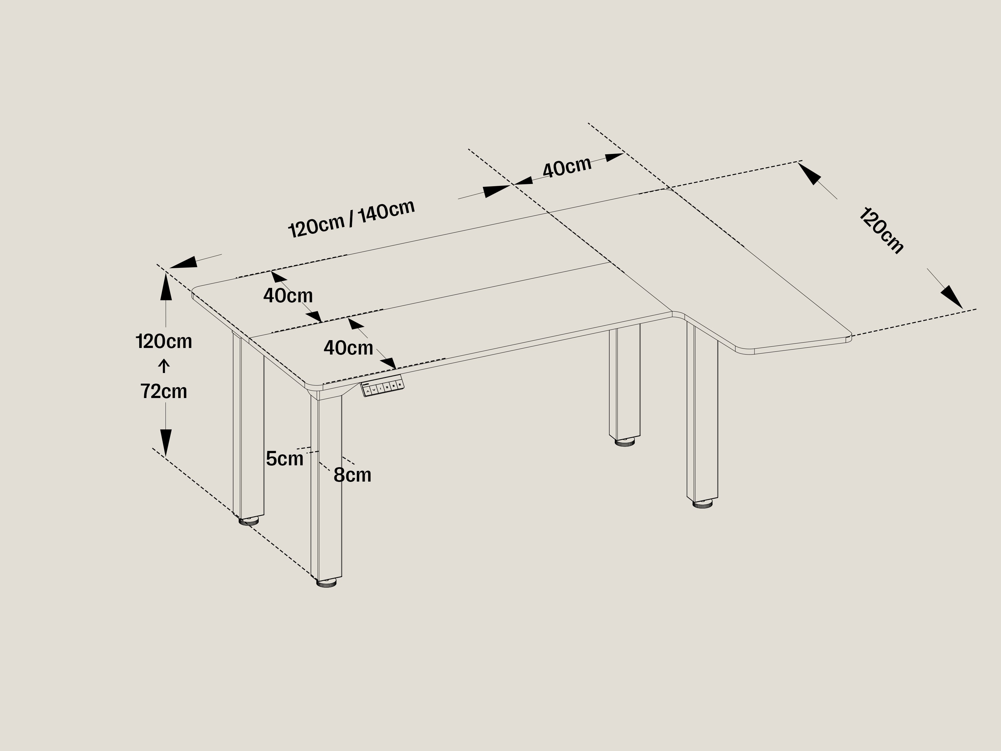 Maidesite Canvas – L-shaped height-adjustable desk with 4 legs