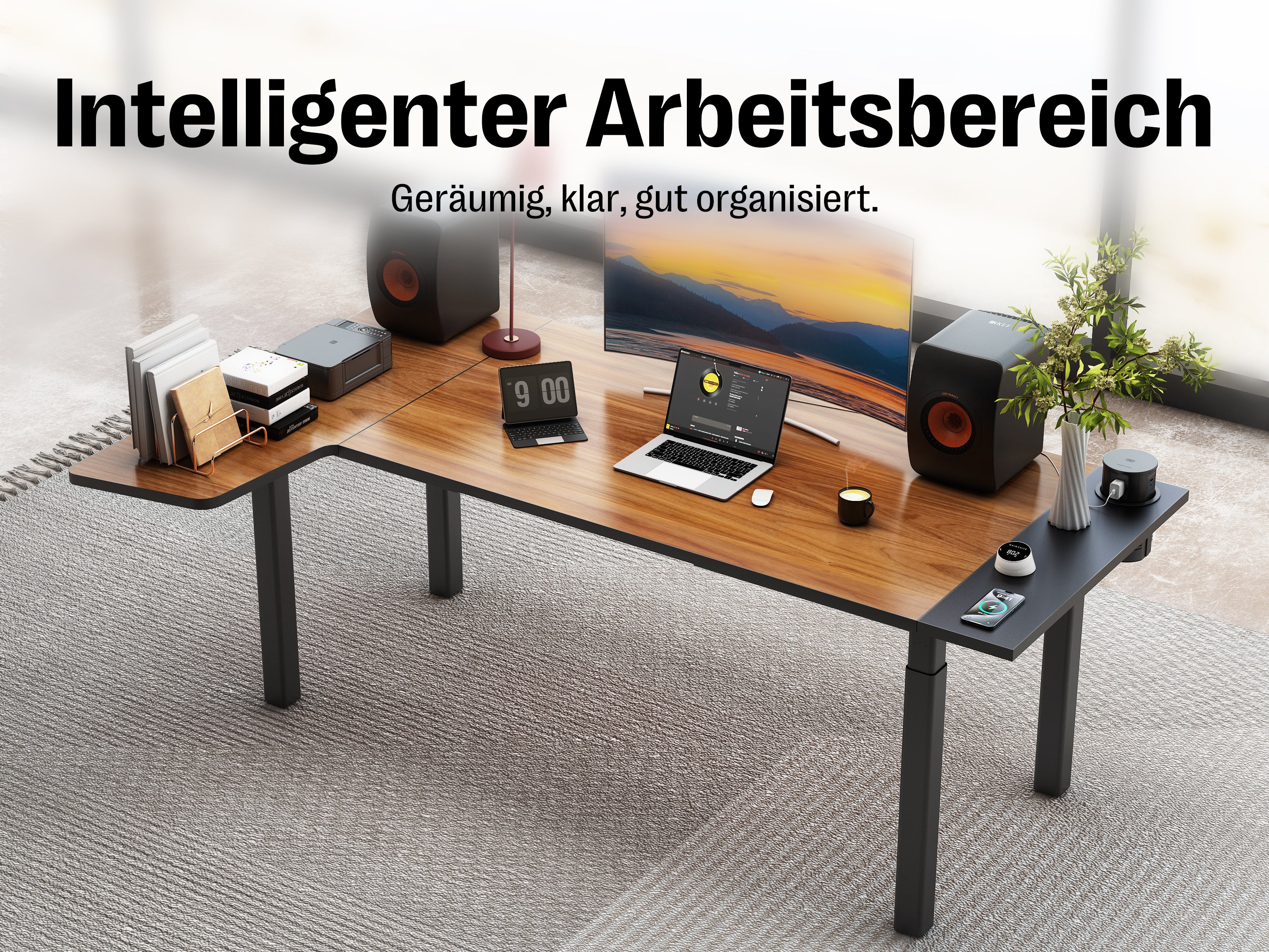 Maidesite Space – Höhenverstellbarer Schreibtisch mit 4 Beinen und L-Erweiterung