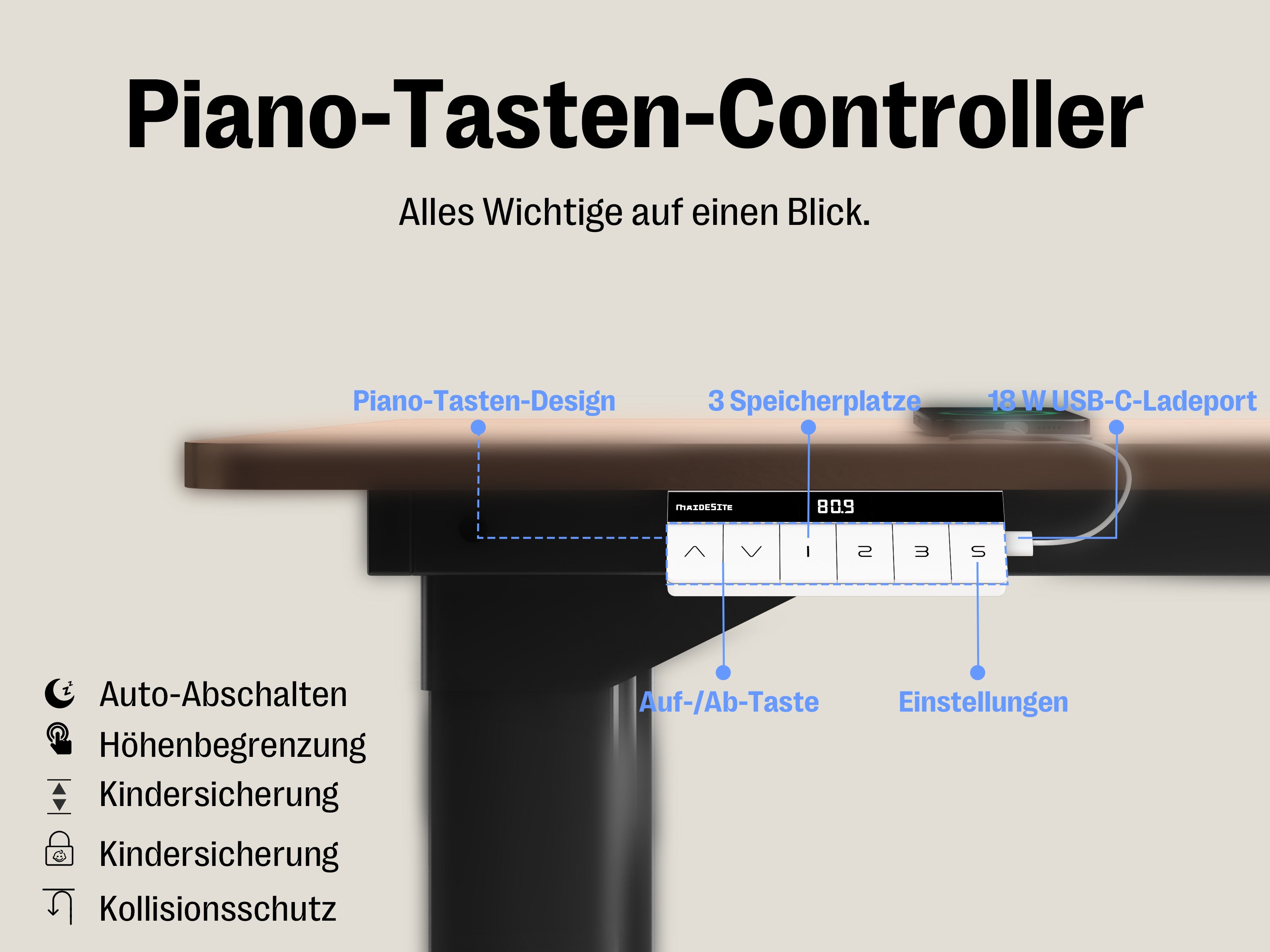 Maidesite Canvas – L-förmiger höhenverstellbarer Schreibtisch mit 4 Beinen