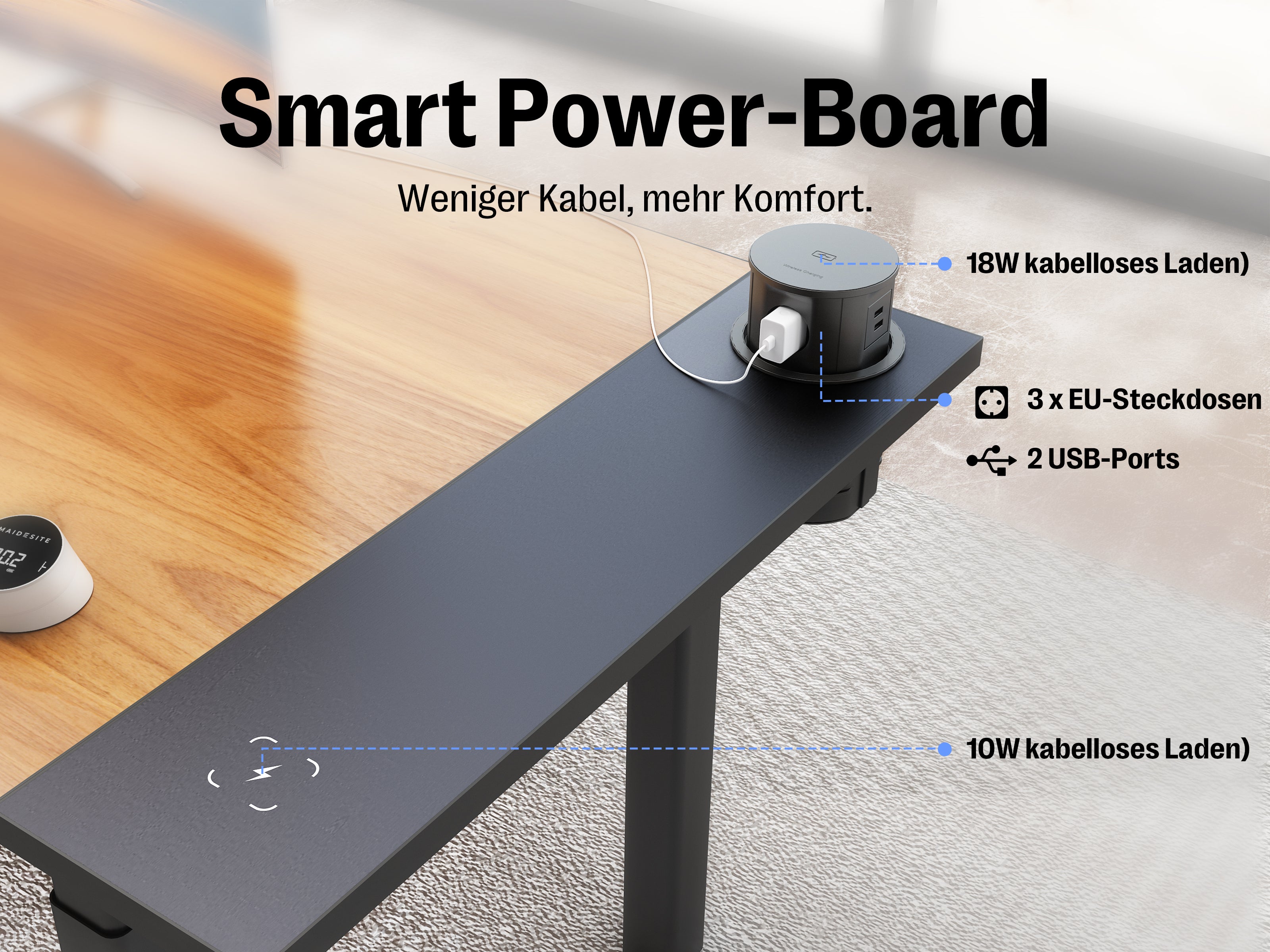 Maidesite Space – Höhenverstellbarer Schreibtisch mit 4 Beinen und L-Erweiterung