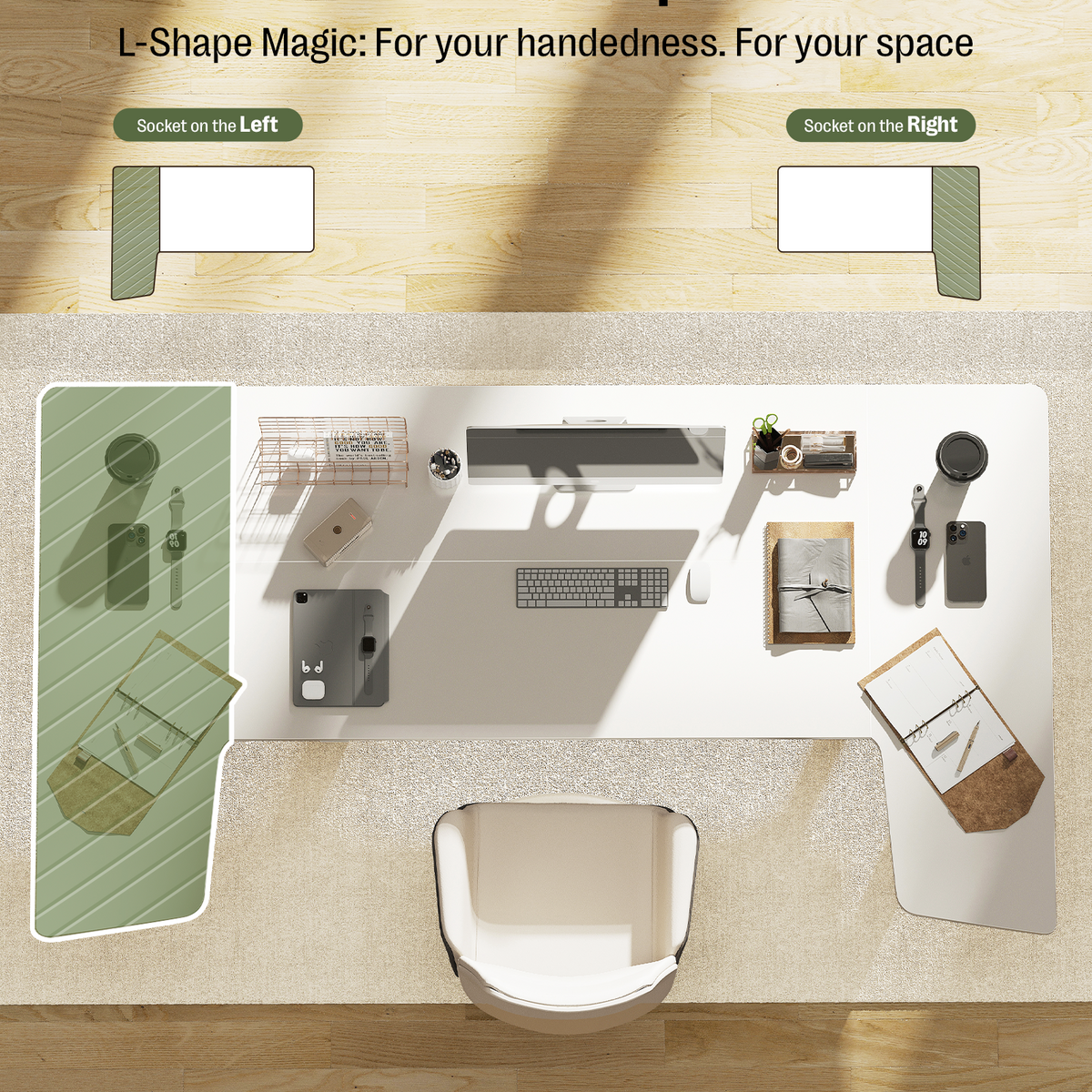 Maidesite Canvas – L-förmiger höhenverstellbarer Schreibtisch mit 4 Beinen