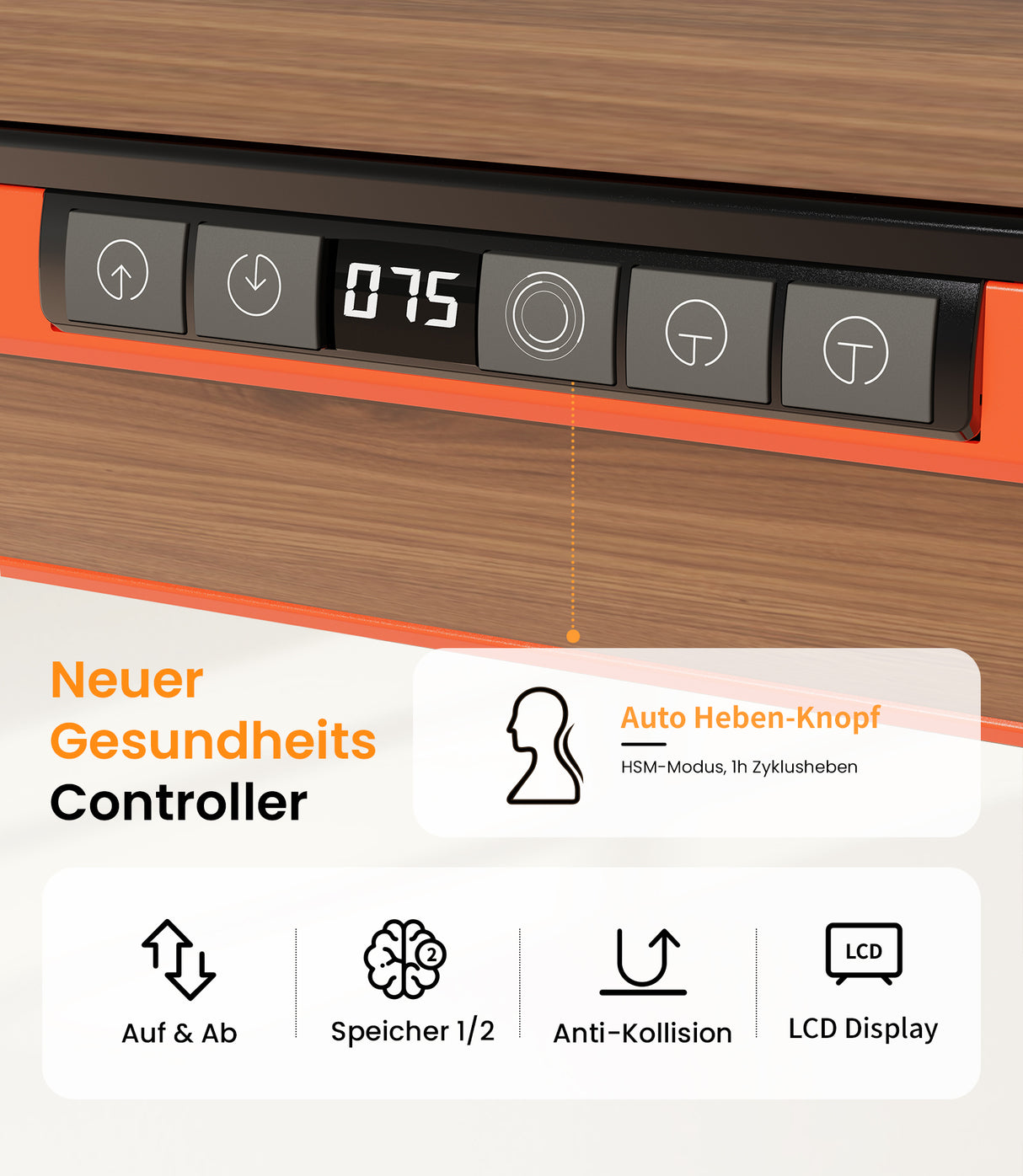 Maidesite Yoga orange höhenverstellbarer Schreibtisch hat ein intelligentes Bedienfeld mit HSM-Modus für die Gesundheit der Wirbelsäule auch Sie sitzen arbeiten