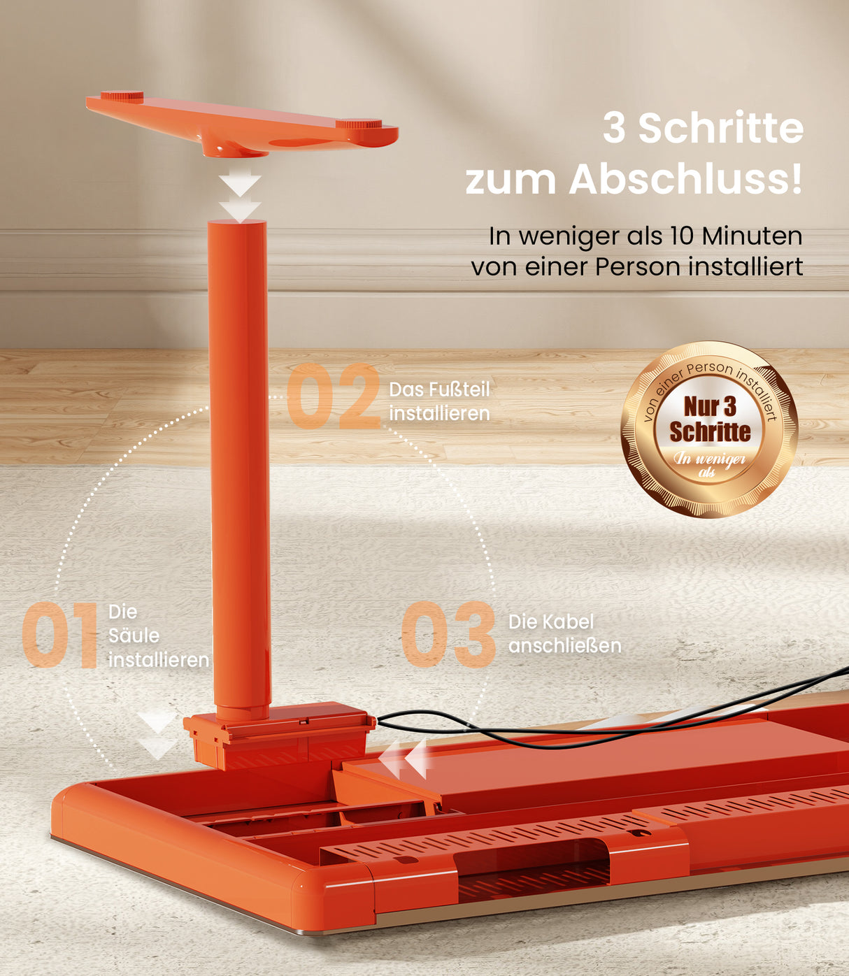 Maidesite Yoga orange Höhenverstellbarer Schreibtisch in 10 Minuten mit wenigen Handgriffen aufgebaut