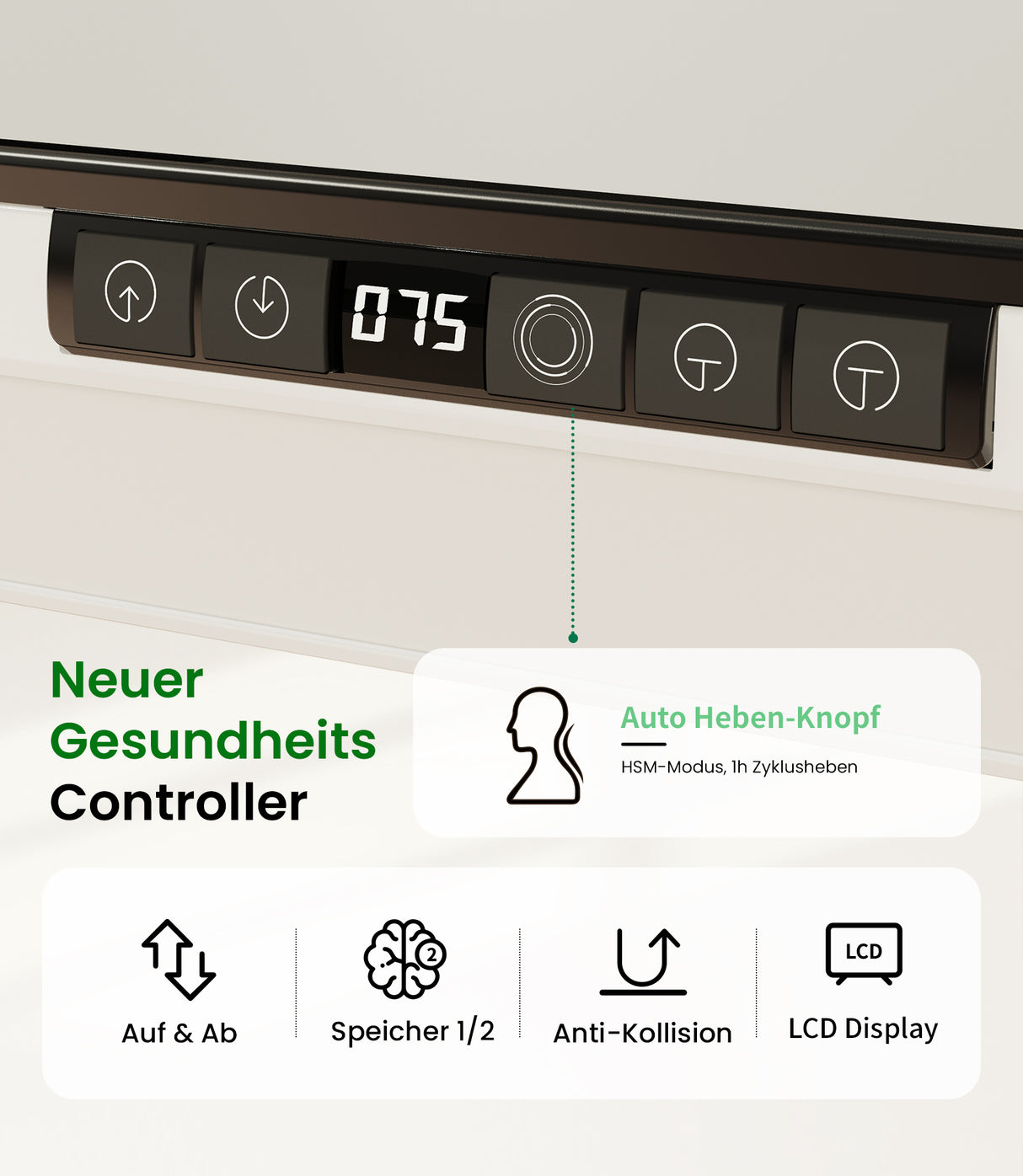 Maidesite Yoga weißer höhenverstellbarer Schreibtisch hat ein intelligentes Bedienfeld mit HSM-Modus für die Gesundheit der Wirbelsäule, auch wenn Sie bei der Arbeit sitzen