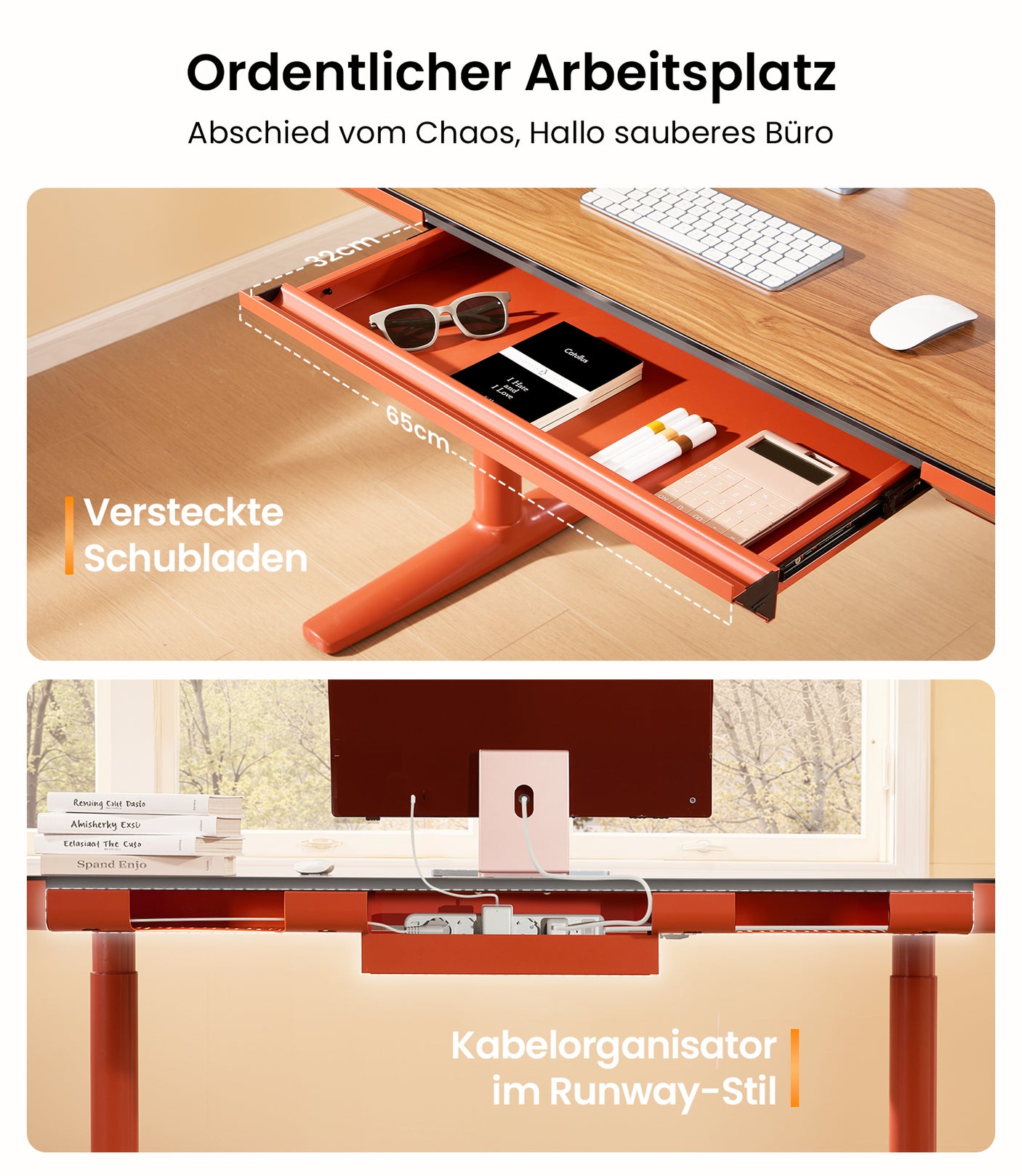 Maidesite Yoga orange Höhenverstellbarer Schreibtisch mit Schublade unter dem Schreibtisch für einfache Lagerung