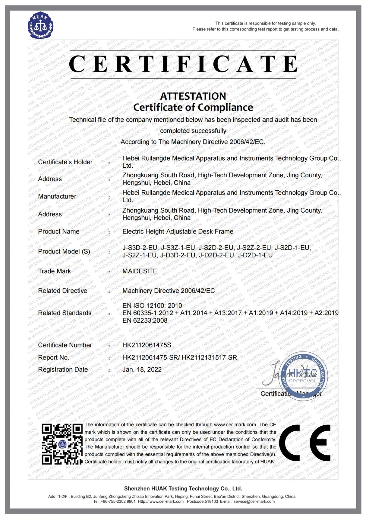 CE certification of Maidesite adjustable height desk
