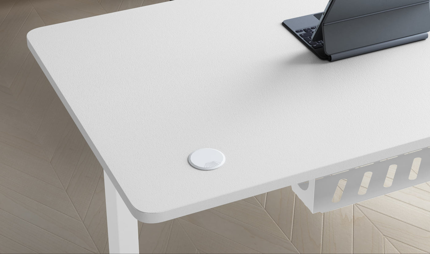 Maidesite T2 Pro electric adjustablelheight white frame white tabletop with tablet in the office tabletop enlarge view