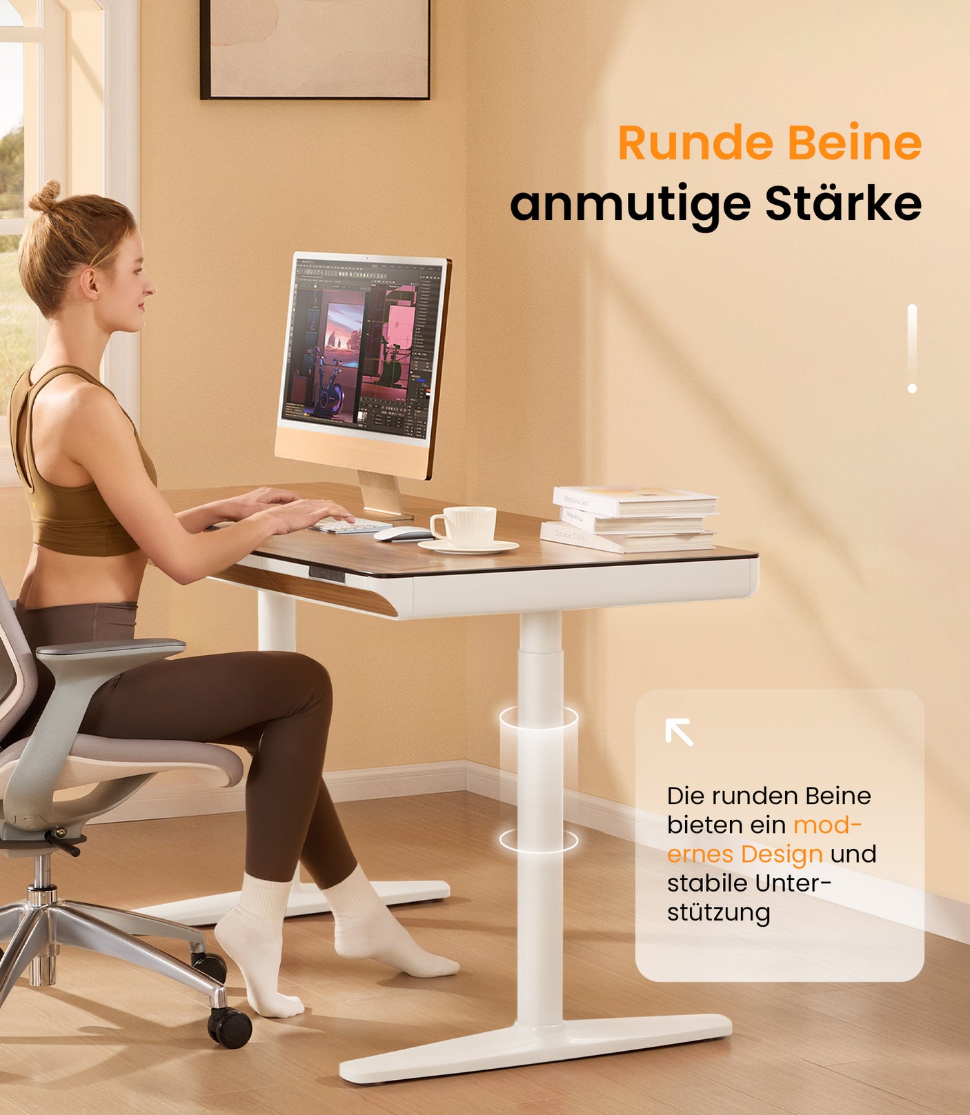 Maidesite Yoga höhenverstellbarer Schreibtisch 120x70 cm rundes Bein für ästhetisches Aussehen