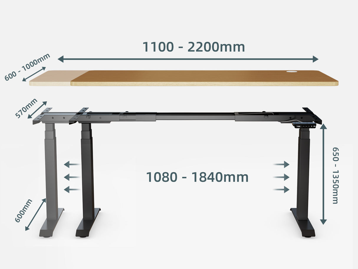 Maidesite T2 Pro Max elektrisch höhenverstellbarer Schreibtisch grau Gestell ist ausziehbar von 108-184 cm für eine Tischplatte von 110x60 cm bis 220x100 cm