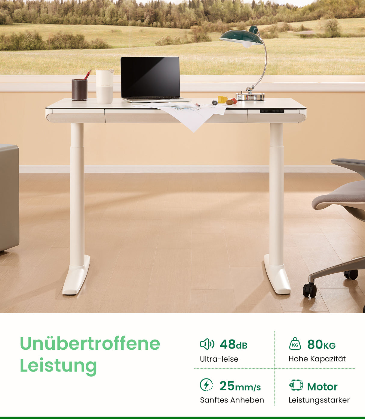 Maidesite Yoga weißer höhenverstellbarer Schreibtisch mit hervorragender Leistung und 80 kg Belastbarkeit