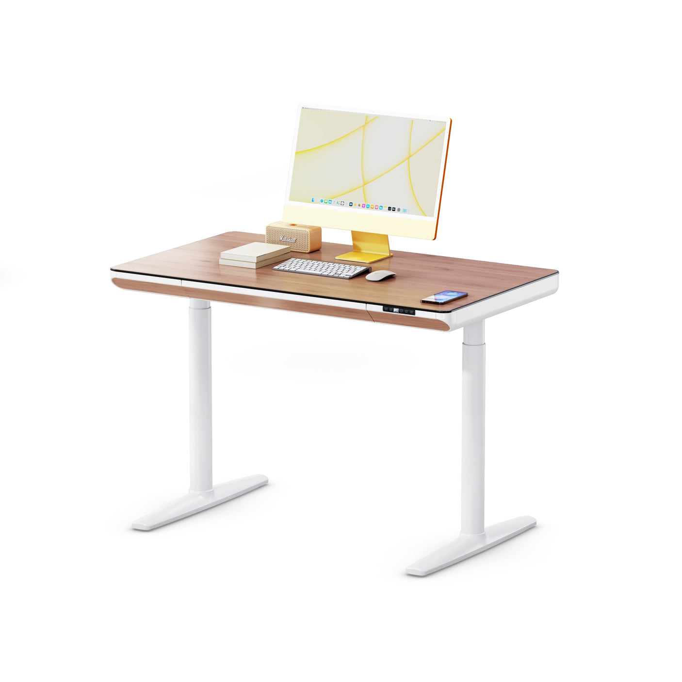 Yoga Höhenverstellbarer Schreibtisch 120cm weiß Tischgestell mit Nussbaum Tischplatte