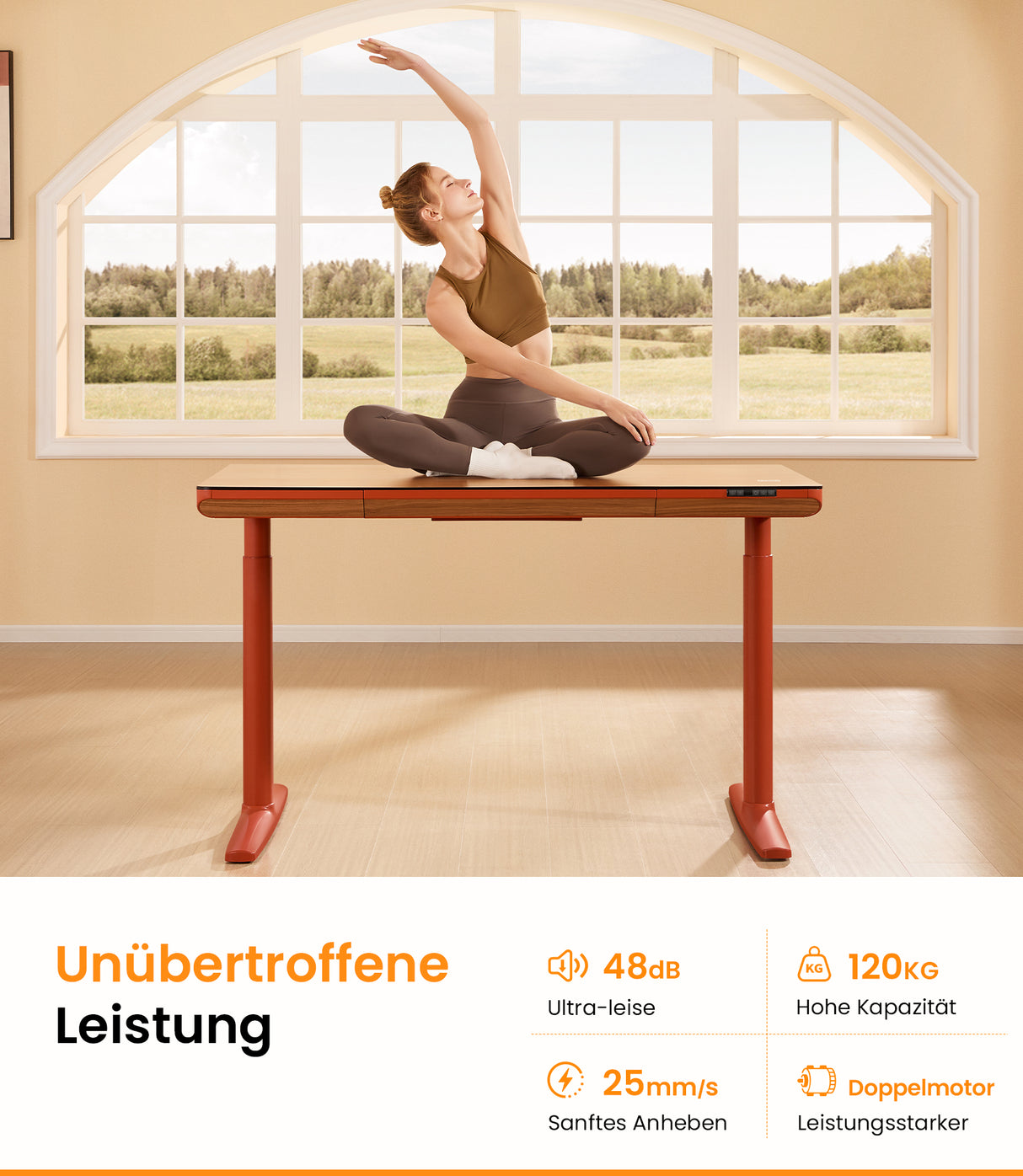Maidesite Yoga orange Dual-Motor höhenverstellbarer Schreibtisch mit herausragender Leistung von 120 kg Belastbarkeit