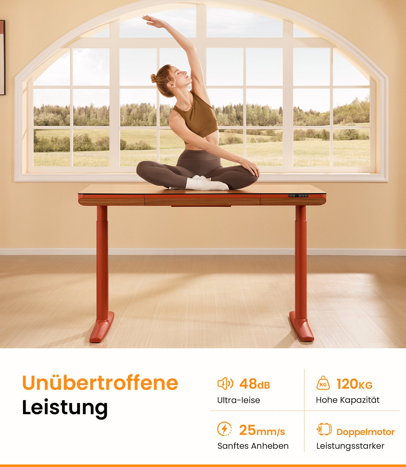 Maidesite Yoga orange Dual-Motor höhenverstellbarer Schreibtisch mit herausragender Leistung von 120 kg Belastbarkeit