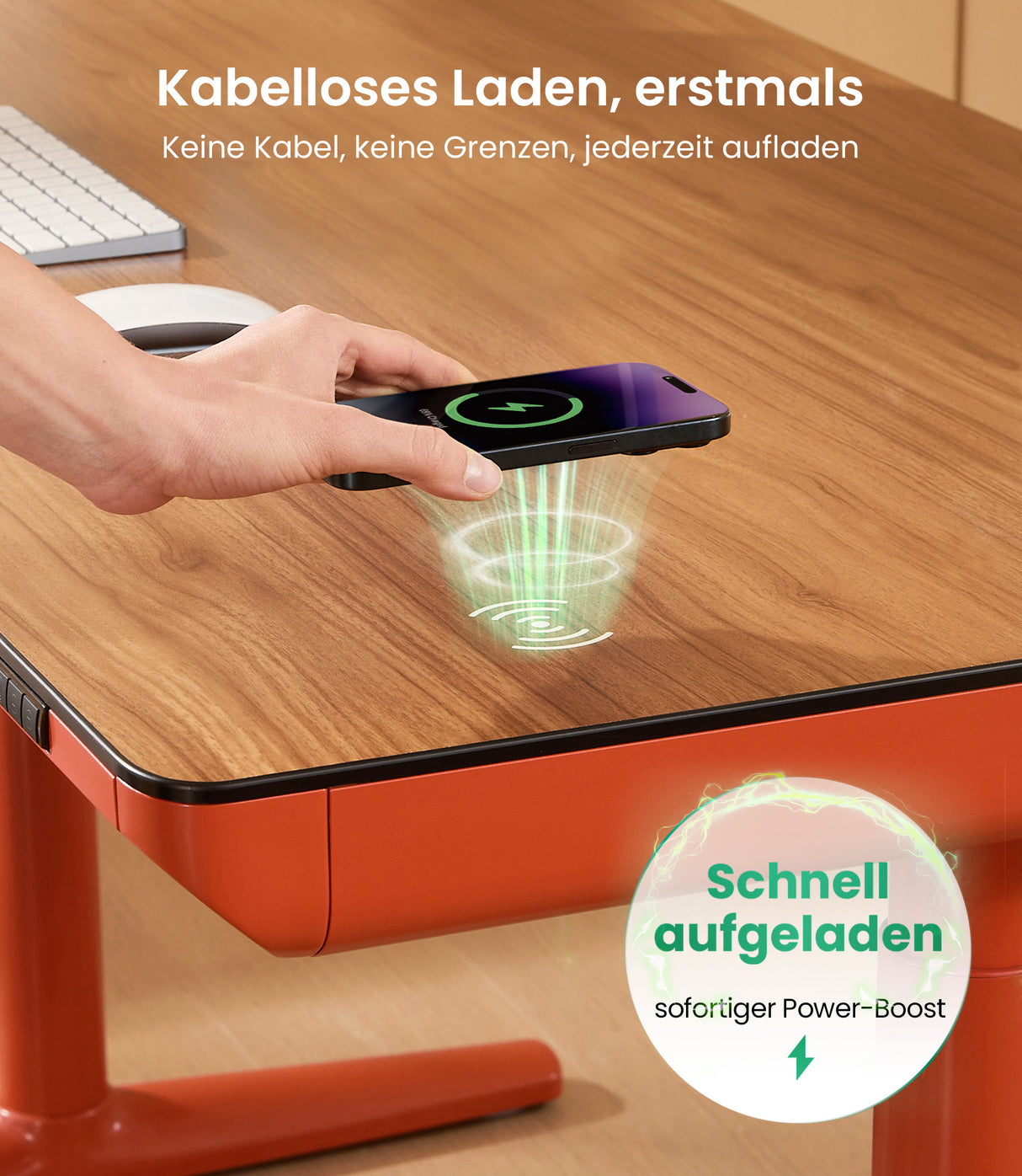 Maidesite Yoga orange Höhenverstellbarer Schreibtisch mit kabellosem Ladegerät für Ihre Smartphones und Gadgets