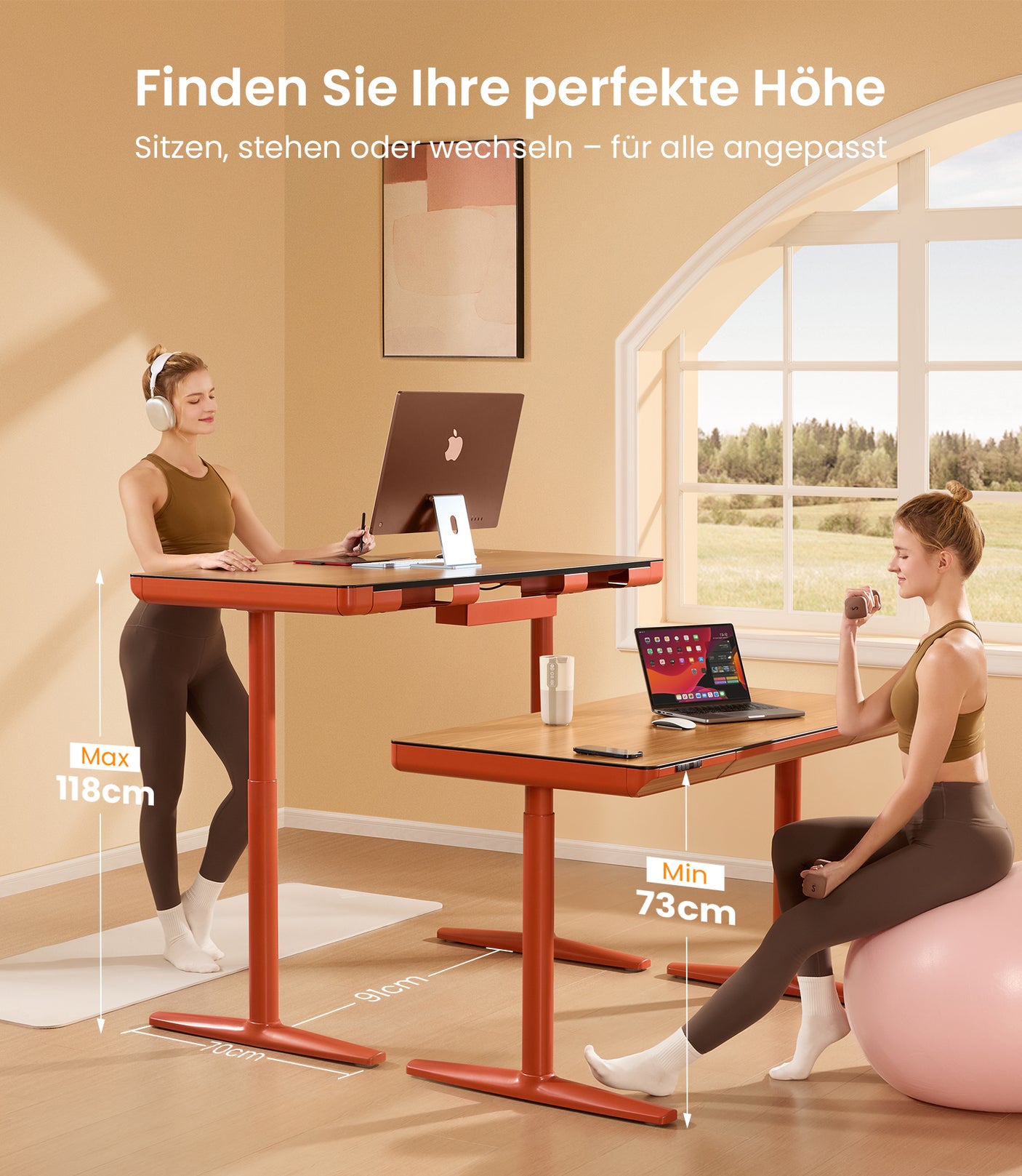 Maidesite Yoga höhenverstellbarer Schreibtisch kann die Höhe von 73-118cm für das Arbeiten im Sitzen und Stehen im Büro einstellen