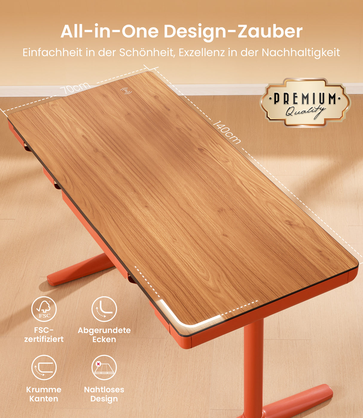 Maidesite Yoga orange Höhenverstellbarer Schreibtisch mit abgerundeter Walnuss-Eckplatte