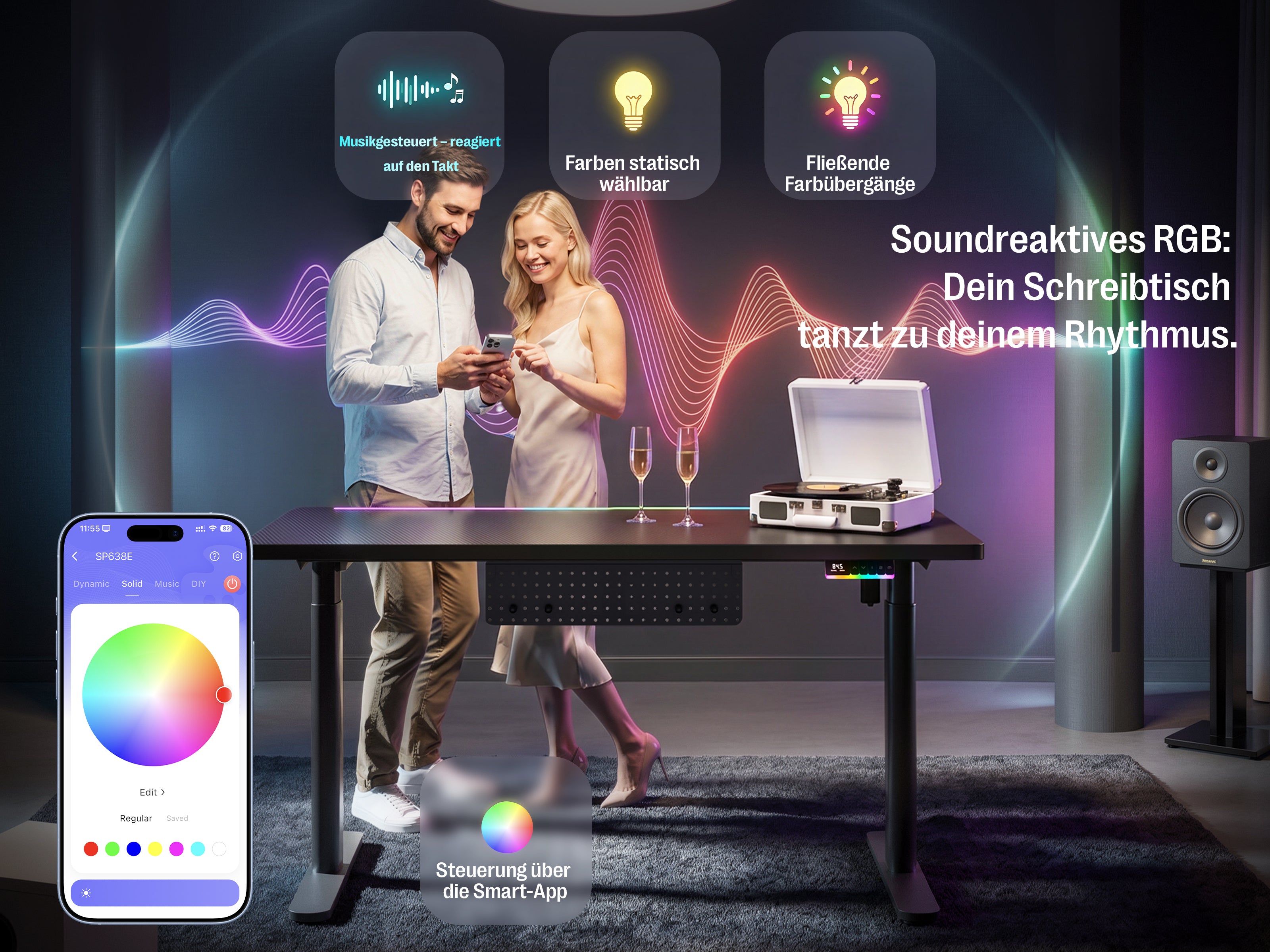 Maidesite Rainbow - Smart höhenverstellbarer Tisch mit RGB-Lichtleiste