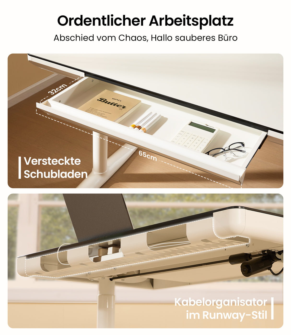 Maidesite Yoga höhenverstellbarer Schreibtisch mit weißem Fuß und weißer Platte, mit Schublade unter dem Schreibtisch zur einfachen Aufbewahrung von Büromaterial