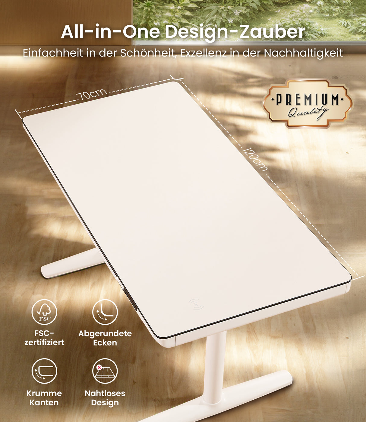Maidesite Yoga höhenverstellbarer Schreibtisch 120x70cm weiße Platte ist FSC zertifiziert