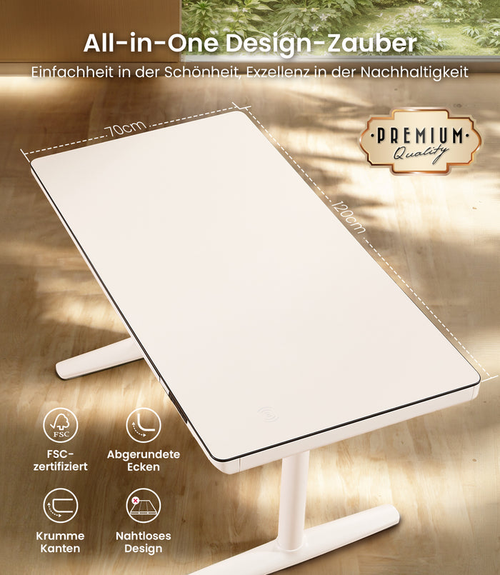 Maidesite Yoga höhenverstellbarer Schreibtisch 120x70cm weiße Platte ist FSC zertifiziert